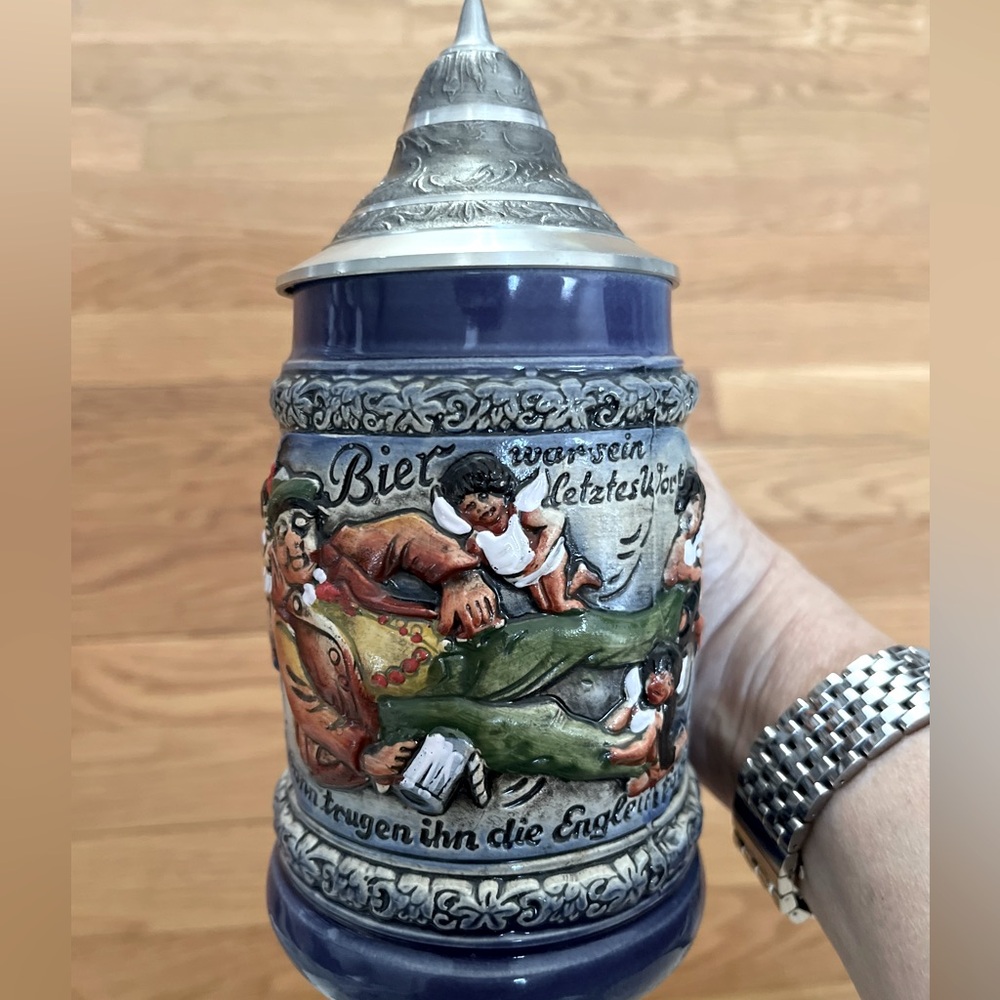 Lidded Beer Stein Marked Zinn Angels Drunk